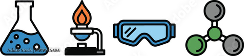 Laboratory Outline Icon Set  Flask, Bunsen Burner, Safety Goggles, Molecular Model