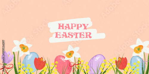 Happy Easter Banner, greeting in kid crayon hand drawn style. Childrens chalk drawing illustration with spring flowers, painted egg. For card, seasonal banner, website header, marketing promotion