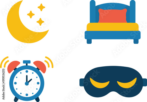 Sleep Essentials Outline Icon Set  Moon, Bed, Alarm Clock, and Sleep Mask
