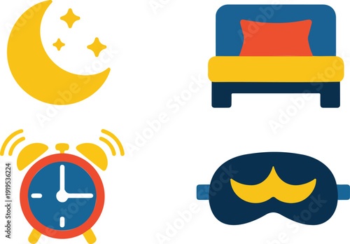 Sleep Essentials Outline Icon Set  Moon, Bed, Alarm Clock, and Sleep Mask