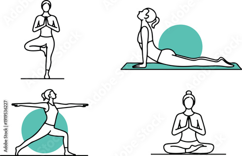 Yoga Poses Outline Icon Set  Tree, Cobra, Warrior, and Lotus