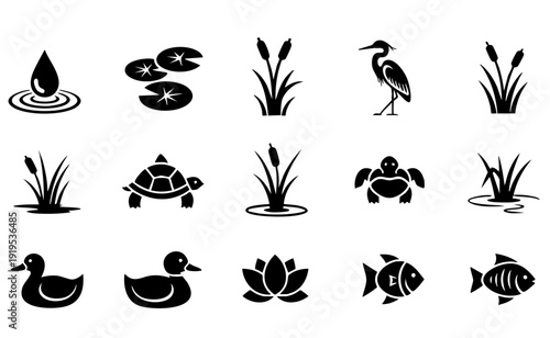 World Wetlands Day icons: diverse aquatic life and flora collection