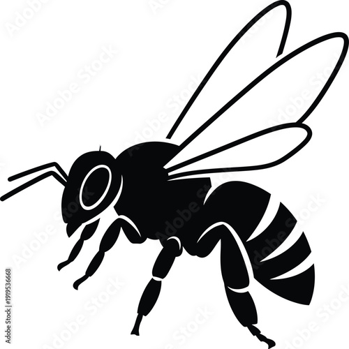 Black and white illustration of a bee in flight.