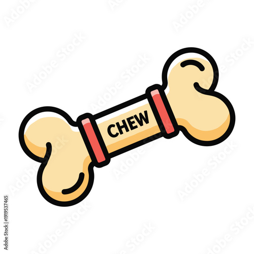 A playful cartoon dog chew toy with a red strap and the word chew written on it