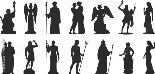 Greek Mythology Statue Silhouettes Collection with Gods Goddesses Angels and Classical Figures Isolated on White Background Vector Illustration