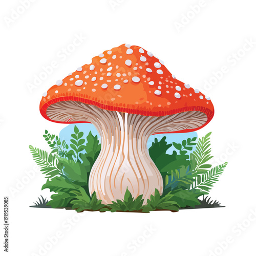 Cartoon mushroom illustration with vibrant red cap and white spots