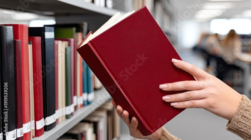 A hand is seen placing a book on a shelf in a library. Another person can be seen taking books from the shelves nearby