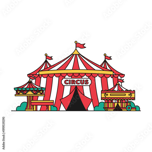 Vibrant circus tent with colorful flags and festive decorations in a whimsical illustration