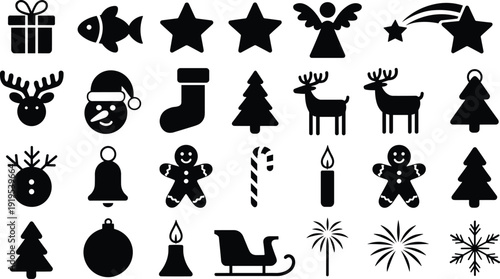 Christmas Holiday Silhouette Icon Set with Tree Reindeer Santa Gift Sleigh Snowman and Festive Decorations Isolated on White
