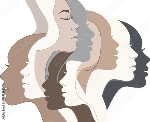 Minimalist vector illustration of diverse female profiles overlapping in layered composition with muted earth tones 