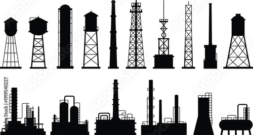 Oil Refinery and Industrial Tower Silhouette Collection with Storage Tanks and Factory Plants Isolated on White Background Vector Set