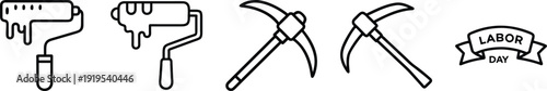 on a transparent background Icons for Labor Day and construction, featuring paint rollers dripping, pickaxes, and a holiday banner. Represents manual labor, renovation, and holidays for workers.
