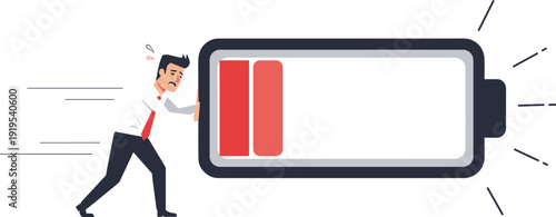Cartoon businessman pushing nearly empty battery icon with sweat drops symbolizing burnout, exhaustion, and workplace fatigue
