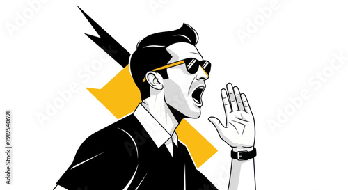 Man shouting with hand raised and speech bubble concept illustration
