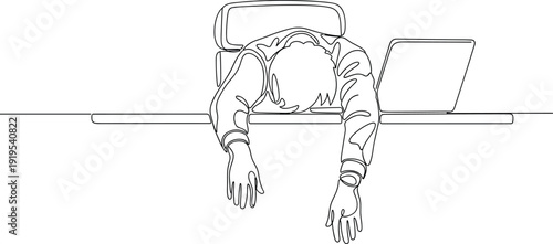 Minimalist continuous line drawing of exhausted person slumped over desk with laptop symbolizing burnout and workplace fatigue