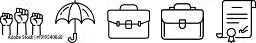 on a transparent background Icons representing legal and business concepts: raised fists, umbrella, briefcases, and a signed document with a checkmark, suggesting solidarity, protection, business, and