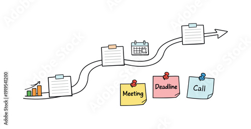 Milestone roadmap path, notebook strips as checkpoints, mini chart and calendar icons, pinned sticky notes for Deadline