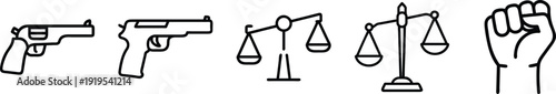 on a transparent background Icons related to justice and conflict: handguns, scales of justice, and a raised fist, symbolizing crime, law, fairness, and protest in a minimalist line art style.