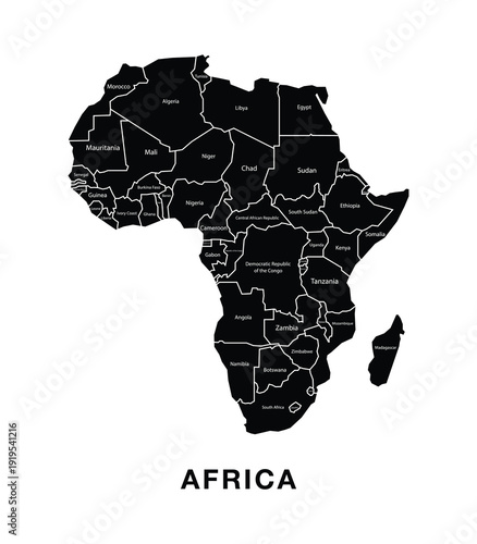 Africa map. Black silhouette with country borders. Vector illustration isolated on white background.