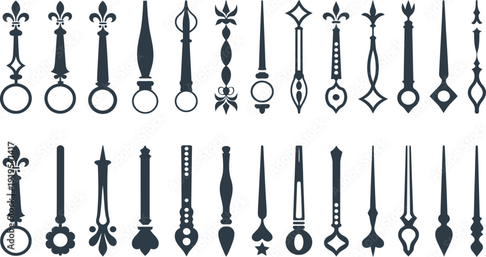 Ταπετσαρία Vintage clock hands vector collection, antique watch needle set, classic ornamental pointers for watchmaking, repair, and decorative timekeeping design