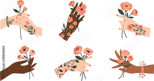 International Women's Day - A collection of diverse hands holding pink floral bouquets featuring various skin tones and tattoos