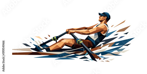 Low-poly vector illustration of a rower driving through a powerful stroke, full-body athlete with sharply faceted anatomy and