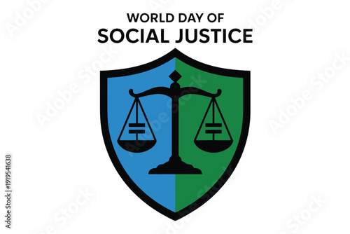 Day of Social Justice emblem with balanced scales on blue and green shield Day of Social Justice day