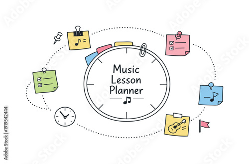 Circular planning wheel, orbiting sticky notes, tiny clock and flag icons, curved dotted paths for Music lesson planner with tabs
