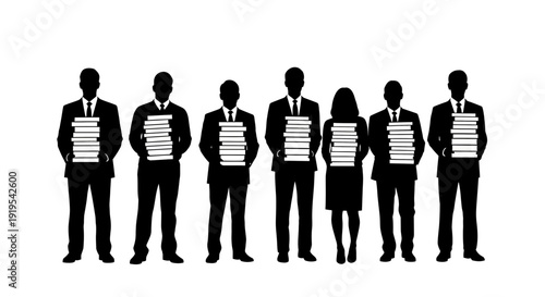 Group of business professionals holding documents in formal attire.