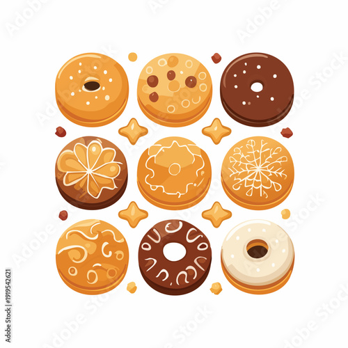 Decorated cookies with variety of designs on white background