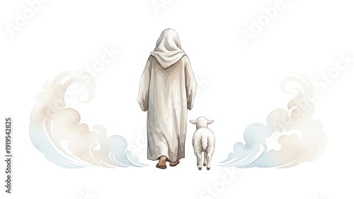 Jesus as the good shepherd, illustration of jesus christ walking with a lamb, symbolizing faith and protection