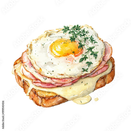 Watercolor painting of Croque Madame, detailed and artistic vector illustration on a white background.