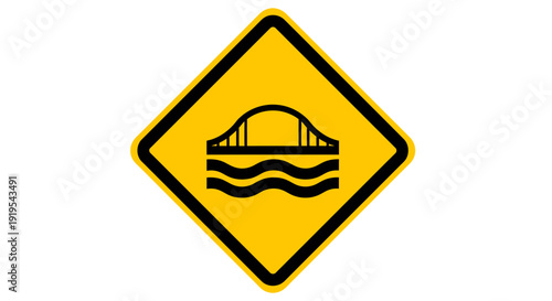 A yellow diamond-shaped road sign indicating a bridge ahead with a black border and a simple bridge icon over wavy lines