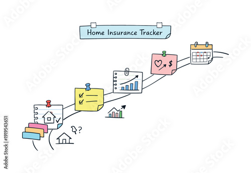 Milestone roadmap path, notebook strips as checkpoints, mini chart and calendar icons, pinned sticky notes for Home insurance