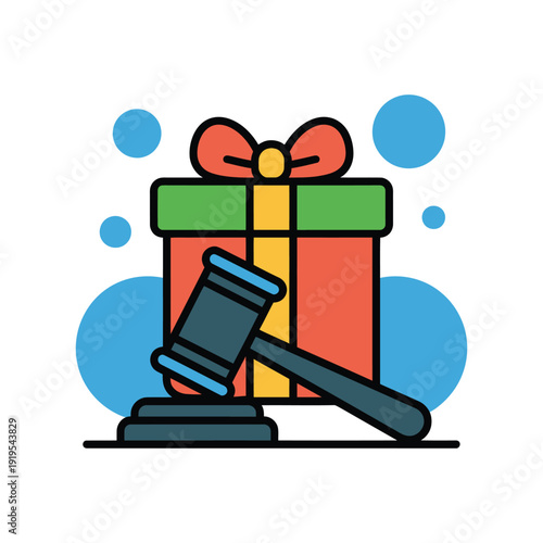 A gavel rests in front of a wrapped gift box, representing an auction or sale.