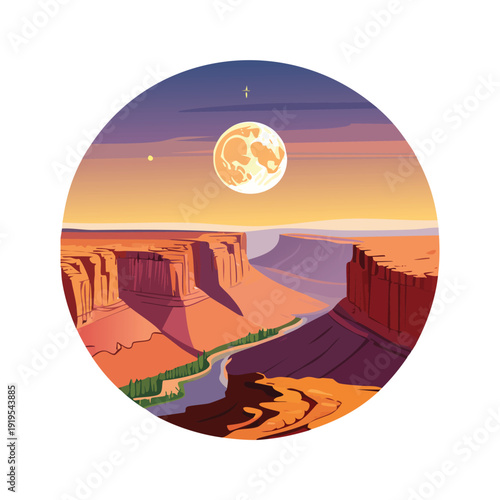 Desert canyon landscape illustration with moon and sunset