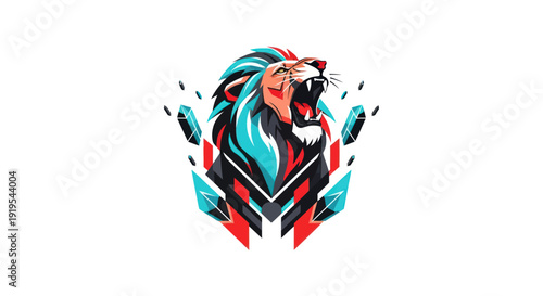 Stylized lion roaring with geometric elements on white background