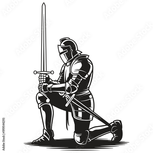 Medieval Knight Kneeling in Armor Holding Sword Ready for Battle or Training Pose