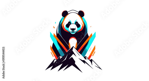 Stylized panda illustration above mountains graphic art isolated white
