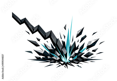 Low-poly vector illustration of the market hitting bottom and breaking apart, explosive impact moment with angular fragments