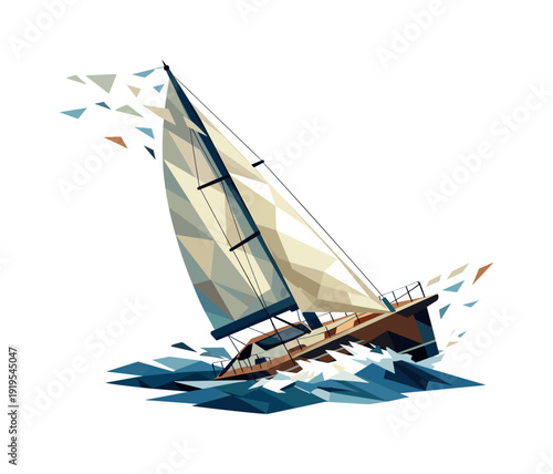 Low-poly vector illustration of a sailing boat sharply tilted under strong wind pressure, angular hull heeling dramatically with