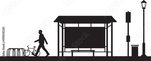 City street bus stop with person and bicycle vector silhouette illustration line art