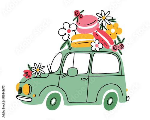 A whimsical vector illustration shows a sage green vintage car carrying a large stack of macarons and spring flowers. A playful doodle style is ideal for a cheerful, festive greeting card
