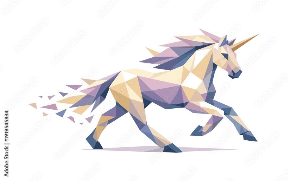 Obraz premium Futuristic Galloping Unicorn. Low-poly vector illustration of a unicorn sustaining a graceful gallop into the future, streamlined