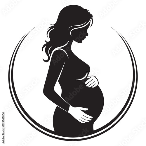 Pregnant woman silhouette holding belly with stylish hair in elegant circular frame design
