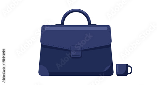 A dark blue briefcase with a rounded flap is placed next to a small, matching dark blue mug.