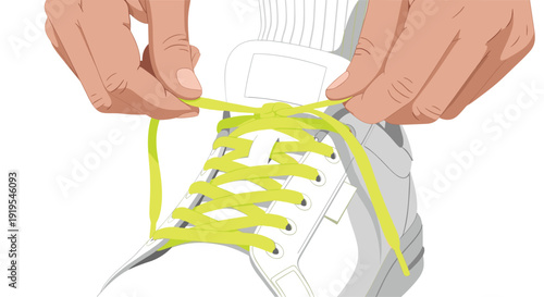 Hands in a close-up view are meticulously tying neon yellow shoelaces on a white athletic sneaker, securing the footwear.