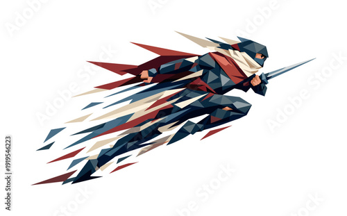 Warrior Teleportation Burst. Low-poly vector illustration of a warrior initiating the teleport flash step, explosive forward