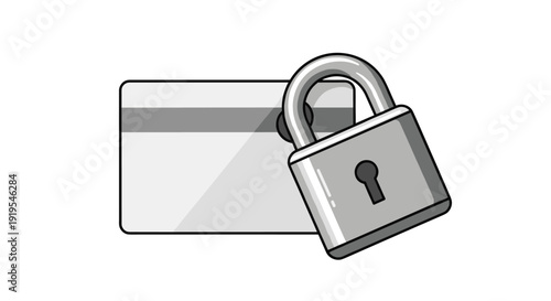 A gray credit card with a dark stripe is securely locked with a metallic padlock on a white background.