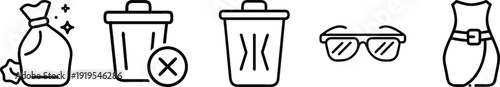 on a transparent background Set of flat icons including a garbage bag, trash cans, sunglasses, and a dress
